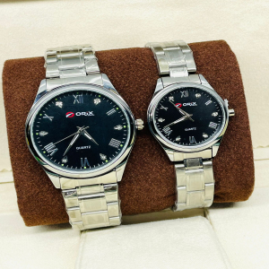 Orix Stainless Steel Couple Black Dial Sliver Watch