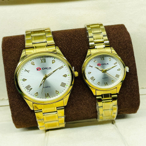 Orix Stainless Steel Couple White Dial Gold Watch