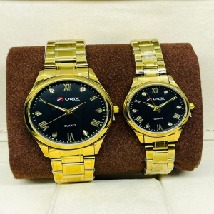 Orix Stainless Steel Couple Black Dial Gold Watch