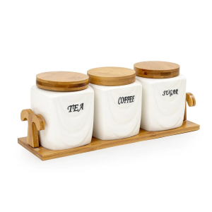 3 Pcs Spice Jar Set With Bambo Tray - Square