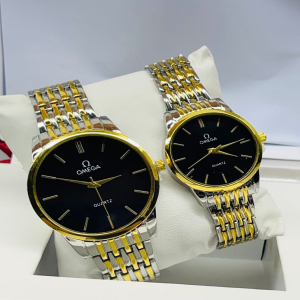 Omega Silver Mix Gold Black Dial Couple Watch